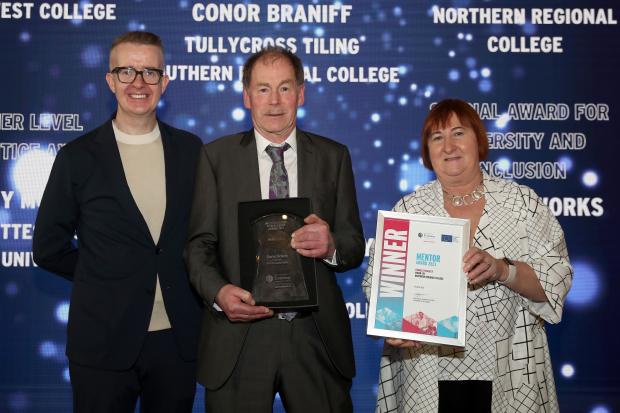 Left to right: David Meade, event host, Charles McAuley, winner of 2023 Mentor Award, Heather Cousins, Head of Skills and Education Group in DfE