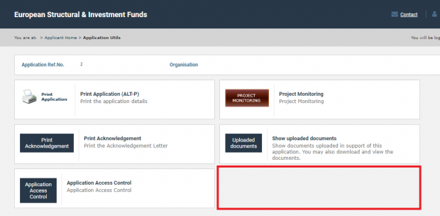 Screenshot of European Structural and Investment Funds database showing the "Uploaded documents" option