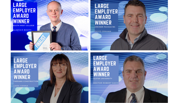 Large Employer Award Winners - SWC Alastair Booth, Greiner Packaging, David Graham, Farrans Construction, Cara Hanna, Ulster University Dr Robert Eadie