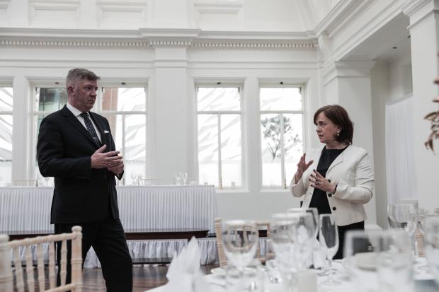 Economy Minister Diane Dodds pictured with Adrian McNally, General Manager, during a visit to Titanic Hotel Belfast to view preparations for re-opening