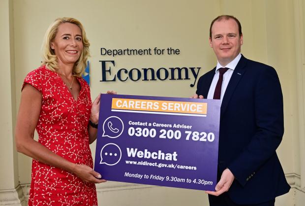 Economy Minister Gordon Lyons and Deputy Head of Careers Service, Christina Kelly encourage those seeking advice following exam results to contact the Careers Service.