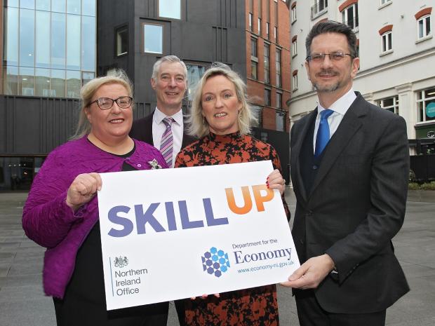 Pictured at the celebration event to highlight the success of the Skill Up initiative are Geraldine Fitzsimons, SERC; Graeme Wilkinson, Director of Skills Strategy at DfE; Marian Hearty, Stranmillis and Steve Baker, Minister of State at the NIO.