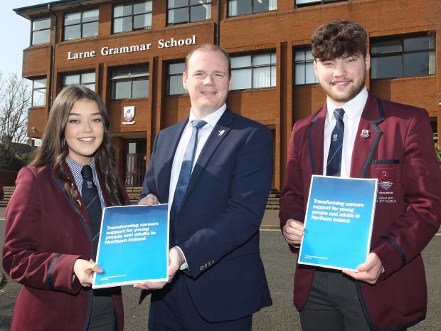 1.	Economy Minister Gordon Lyons pictured with Clara Devlin and Scott Alexander, Head Girl and Head Boy at Larne Grammar1.	Economy Minister Gordon Lyons pictured with Clara Devlin and Scott Alexander, Head Girl and Head Boy at Larne Grammar