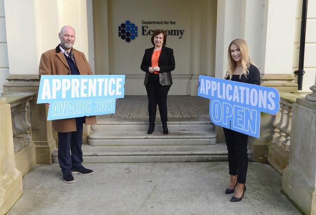 Pictured with Economy Minister Diane Dodds launching the NI Apprenticeship Awards 2021 are Will Bradley and Colleen O’Boyle, joint winners of Higher Level Apprentice of the Year 2020
