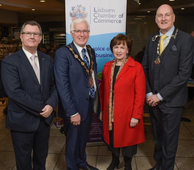 Pictured at the event are (left to right) Sir Jeffrey Donaldson, Mayor of Lisburn and Castlereagh City Council Alan Givan, Minister and President of the Lisburn Chamber of Commerce Garry MacDonald. 