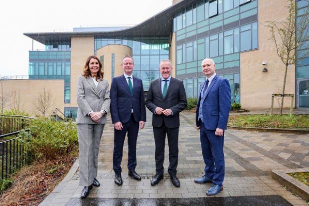 Pictured at the launch of the Ulster University Magee Taskforce are (l-r) Taskforce Vice Chair Nicola Skelly; Taskforce Chair Stephen Kelly; Economy Minister Conor Murphy; and Vice-Chancellor of Ulster University Prof Paul Bartholomew.