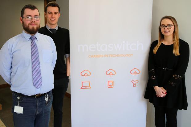 Aaron Hickey, Sam Wright and Aoibheann McAleer are among the 90% of previous participants of the Metaswitch Assured Skills Academy who have gone onto secure full-time employment with the company