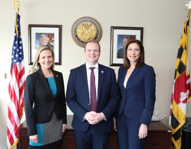 Economy Minister pictured with (L-R) Signe Pringle, Deputy Secretary of Commerce and Tiffany Robinson, Secretary of Labor in Baltimore, Maryland.  