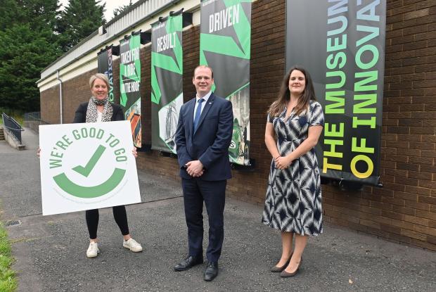 Pictured with Economy Minister Gordon Lyons at the Museum of Innovation at the Ulster Transport Museum in Cultra are (left) Kathryn Thomson, NMNI and Sheena Dickson, Tourism NI.