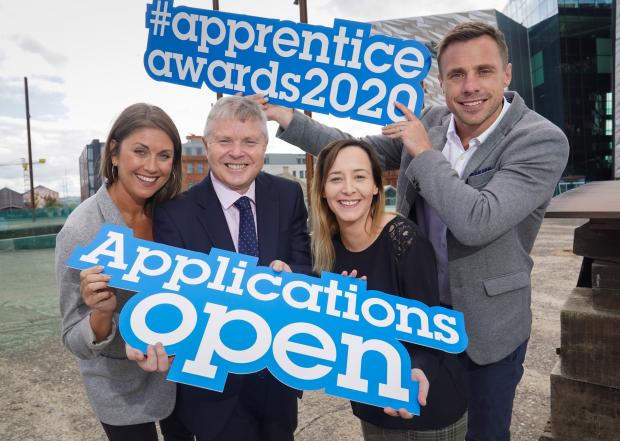 Pictured launching the Northern Ireland Apprenticeship Awards 2020 are left to right Sarah Travers, Permanent Secretary for the Department for the Economy Noel Lavery, Apprentice of the Year 2018 Tammy Whelan and Tommy Bowe.