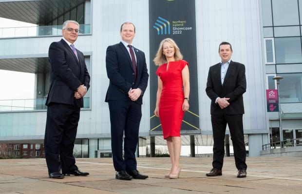 Pictured at the Northern Ireland Showcase at the ICC, Belfast, are Mel Chittock, Invest NI Interim CEO; Economy Minister Gordon Lyons; Karen Patterson, Northern Ireland Showcase 2022 host; and Con Gallagher, Global Sales Manager, Kiverco.