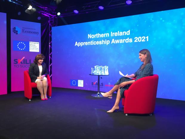 Economy Minister Diane Dodds with local presenter Sarah Travers at the NI Apprenticeship Awards 2021