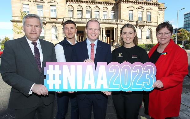 Pictured with the Minister are (L-R) Professor Jonathan Heggarty MBE, external judge; 2022 Higher Level Apprentice Award winner, Lewis Connelly; 2022 Apprentice Award winner, Lauren Johnston and Kathryn McCamley, chair of the 2023 judging panel.