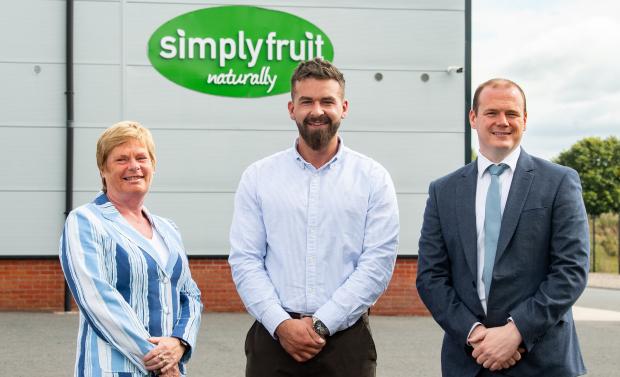 Dr Vicky Kell, Director of Innovation, Research and Development, Invest NI; Connor McCann, Operational Director, Simplyfruit; Economy Minister Gordon Lyons