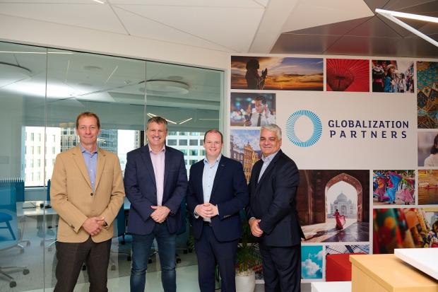 Globalization Partners (G-P) Chief Finance Officer Simone Nardi; CEO Bob Cahill; Economy Minister Gordon Lyons and Invest NI Interim CEO Mel Chittock