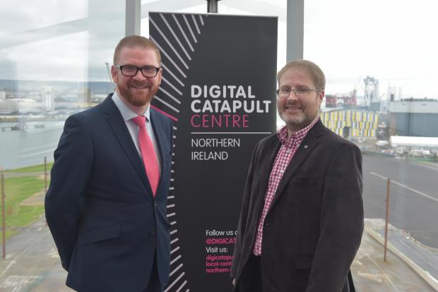 Economy Minister Simon Hamilton is joined by Head of Digital Catapult NI Tom Gray at the official launch of the inaugural NI Digital Catapult Work Programme.