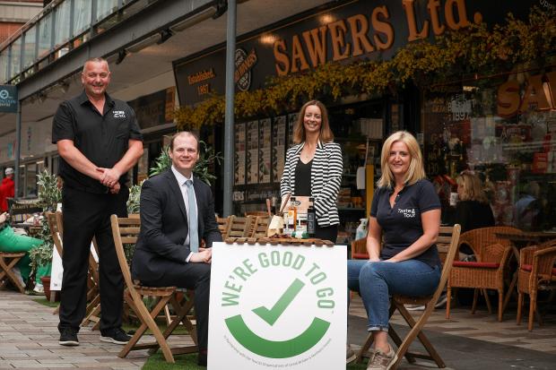 Pictured Left to right: Kieran Sloan, owner Sawers, Economy Minister Gordon Lyons, Cathy McCormick, Tourism NI and Caroline Wilson Founder Taste and Tour
