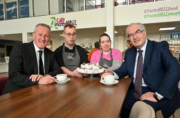Economy Minister Conor Murphy pictured with Chief Executive of Social Enterprise NI, Colin Jess and IncredABLE staff Jordan Wilson and Kelly Sands.