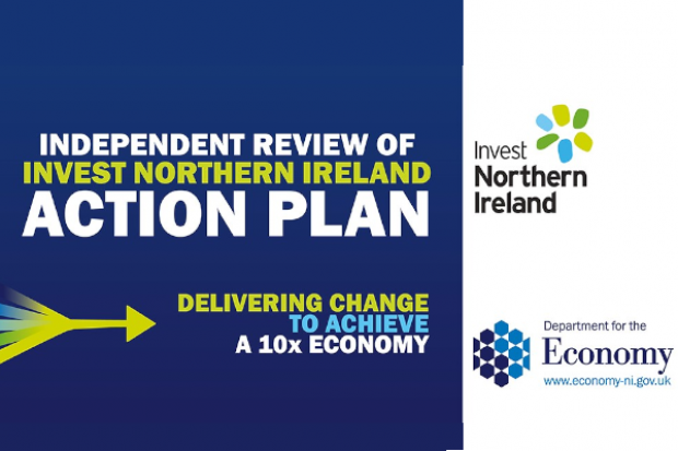 A blue, white and yellow graphic with the wording 'Independent Review of Invest Northern Ireland Action Plan.  Delivering change to develop a 10x economy'.  It also includes the Department for the Economy and Invest NI logos.