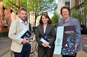 Economy Minister Dr Caoimhe Archibald is pictured with Professor Sam Turner, Chair of the study, and Professor Helen McCarthy, Chief Scientific and Technology Adviser and Matrix Ex Officio.