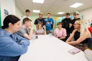 Economy Minister Dr Caoimhe Archibald is pictured at Roe Valley Residents Association’s Youth and Community Hub in Limavady where she met some of the young people who have participated in the Peaceplus 'Journeys' Project.