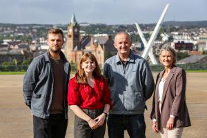 Pictured in Derry are (L-R) are Iarfhlaith Ó Domhnaill, Other Voices, Economy Minister Dr Caoimhe Archibald, Gareth Stewart, Other Voices and Eimear Callaghan, Director of Client Engagement with Tourism NI.