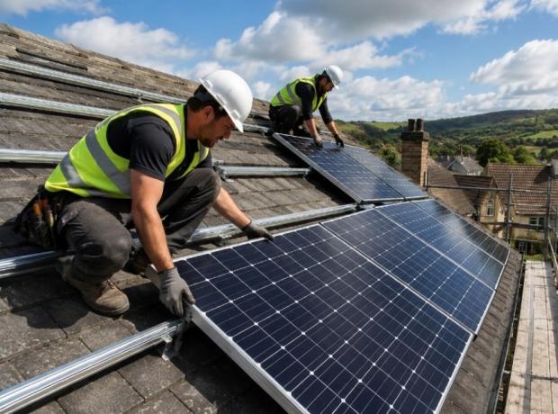 Green Skills - I Run a Business or Manage a Team picture of 2 men with solar panels on a roof