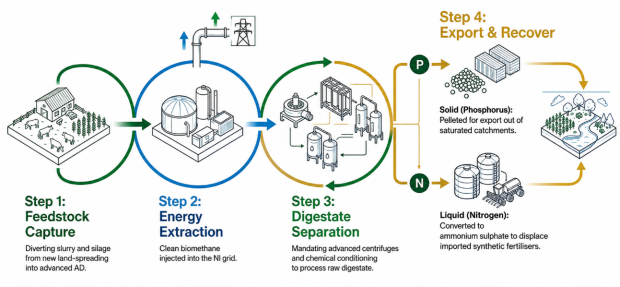 Diagram showing how digestate from anaerobic digestion can be further processed to recover nutrients and ammonia. The diagram shows the process that separates raw digestate into solid phosphorus and liquid nitrogen that can be exported or reused as fertilisers, therefore removing certain nutrients from saturated areas.