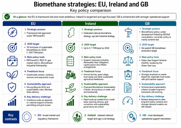 A graphic of the comparison of biomethane policy approaches in the European Union, Ireland and Great Britain. It shows how each jurisdiction uses different combinations of strategy, production targets, policy support and sustainability approaches to develop their biomethane sectors. Key contrast is EU has a broad regulatory framework, Ireland has the clearest national targets, and GB has the most developed operational support mechanisms.