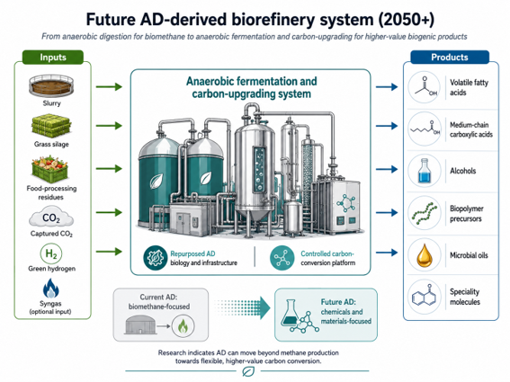 Diagram of a potential future biorefinery using slurry, grass silage, food-processing residues, captured carbon dioxide, green hydrogen and syngas as inputs. Repurposed anaerobic digestion infrastructure and controlled carbon conversion systems can produce higher-value potential revenue streams including volatile fatty acids, medium-chain carboxylic acids, alcohols, biopolymer precursors, microbial oils and speciality molecules.