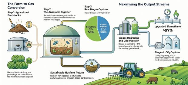 Diagram showing the anaerobic digestion system where organic feedstocks are converted into biogas and the by-product digestate. The diagram shows biogas is upgraded to biomethane for energy use, and digestate is recirculated to farms as a nutrient rich fertiliser