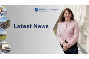 Graphic showing photograph of Economy Minister on right hand side and hexagons depicting elements of the work of DfE down the left hand side. The DfE logo is at the top and the graphic carries the words Latest News in large black lettering across the middle.