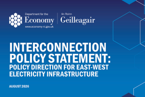 Infographic containing a blue background, with white copy stating Interconnection Policy Statement setting the words policy direction for East-West electricity infrastructure