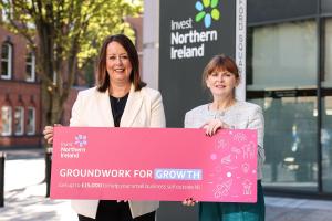Economy Minister Dr Caoimhe Archibald is pictured with Alison Currie, Chief Development Officer at Invest NI as she announces the new Groundwork for Growth programme - a programme of support to help small businesses to grow by winning new sales in export markets.